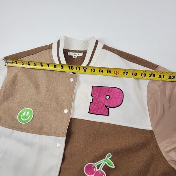 PacSun Brown Patchwork Letterman Varsity Bomber Jacket Oversized M/L Unisex NWT - Picture 7 of 12